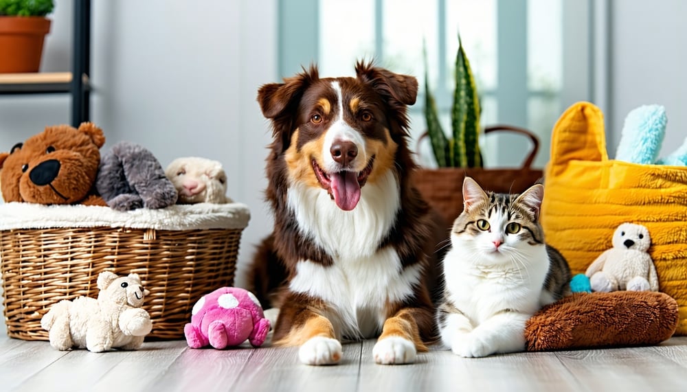 Happy dog and cat surrounded by pet products Happy dog and cat surrounded by pet products