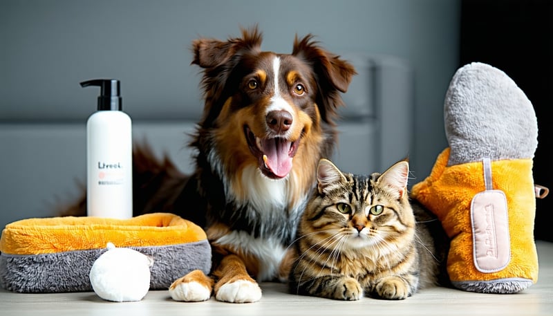 Happy dog and cat with pet products Happy dog and cat with pet products